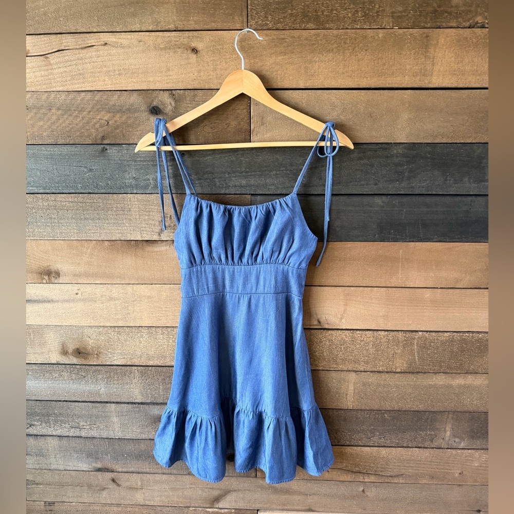 Blue Tie Strap Mini Dress Ruched Babydoll Ruffle Hem Speechless Y2K